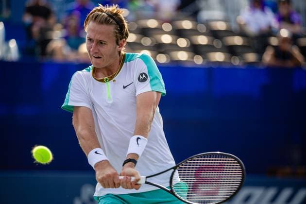 August 22, 2023: Sebastian Korda returns the ball during the second round of the 2023 Winston-Salem Open at Wake Forest Tennis Complex in Wnston-Salem, NC. ( ) Wnston-Salem United States - ZUMAc04_ 20230822_zma_c04_099 Copyright: xScottxKinserx
