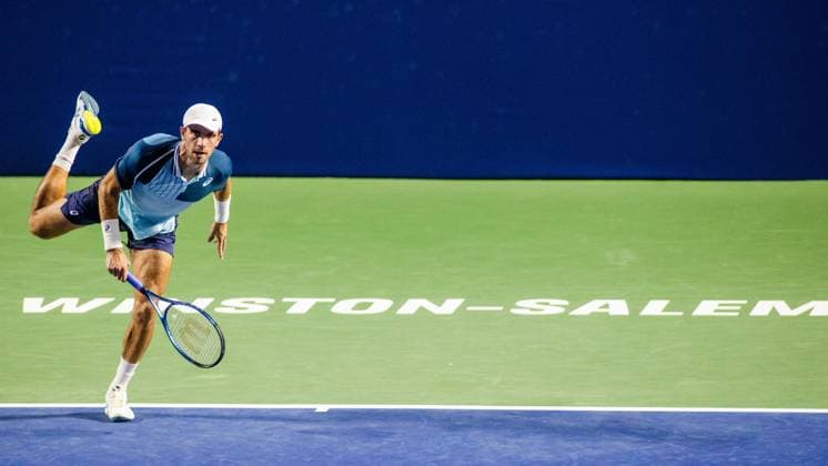 August 22, 2023: Borna Coric watches his serve during the second round of the 2023 Winston-Salem Open at Wake Forest Tennis Complex in Wnston-Salem, NC. ( ) Wnston-Salem United States - ZUMAc04_ 20230822_zma_c04_114 Copyright: xScottxKinserx