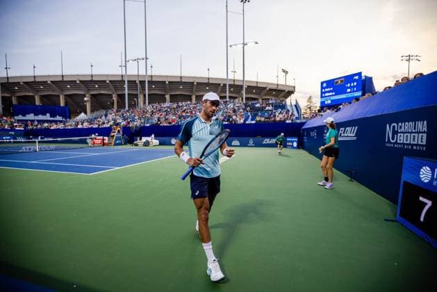 August 22, 2023: Borna Coric takes a break during the second round of the 2023 Winston-Salem Open at Wake Forest Tennis Complex in Wnston-Salem, NC. ( ) Wnston-Salem United States - ZUMAc04_ 20230822_zma_c04_115 Copyright: xScottxKinserx