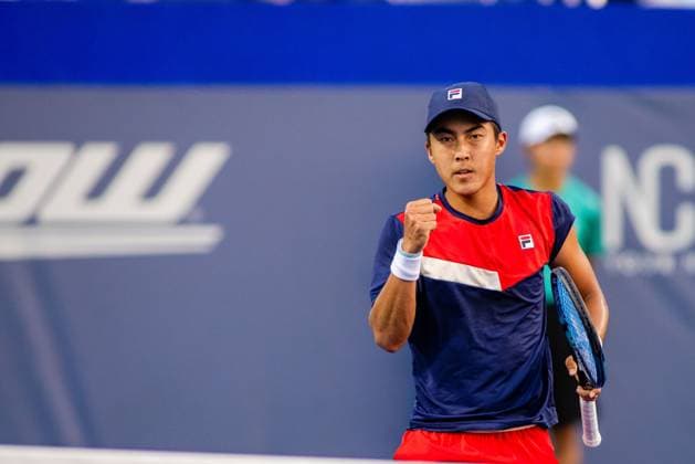 August 22, 2023: Rinky Hijikata celebrates after a point during the second round of the 2023 Winston-Salem Open at Wake Forest Tennis Complex in Wnston-Salem, NC. ( ) Wnston-Salem United States - ZUMAc04_ 20230822_zma_c04_131 Copyright: xScottxKinserx