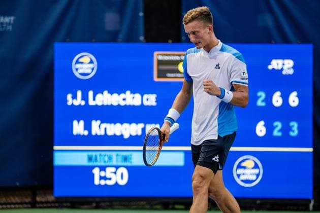 August 22, 2023: Jiri Lehecka celebrates after getting the win against Mitchell Krueger during the second round of the 2023 Winston-Salem Open at Wake Forest Tennis Complex in Wnston-Salem, NC. ( ) Wnston-Salem United States - ZUMAc04_ 20230822_zma_c04_137 Copyright: xScottxKinserx