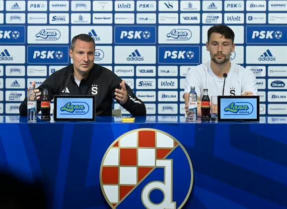 Croatia, Zagreb, 230823. Stadium in Maksimir. press conference, PK, Pressekonferenz of AC Sparta Prague on the eve of tomorrow s first match of the UEFA Europa League playoffs against the hosts GNK Dinamo. In the photo: Brian Priske, Kaan Kairinen. Photo: Ronald Gorsic CROPIX Copyright: xxRonaldxGorsicx sparta_press7-230823