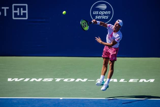 August 23, 2023: Marton Fucsovics serves during the third round of the 2023 Winston-Salem Open at Wake Forest Tennis Complex in Wnston-Salem, NC. ( ) Wnston-Salem United States - ZUMAc04_ 20230823_zma_c04_004 Copyright: xScottxKinserx