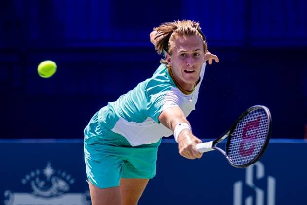 August 23, 2023: Sebastian Korda returns the ball during the third round of the 2023 Winston-Salem Open at Wake Forest Tennis Complex in Wnston-Salem, NC. ( ) Wnston-Salem United States - ZUMAc04_ 20230823_zma_c04_019 Copyright: xScottxKinserx