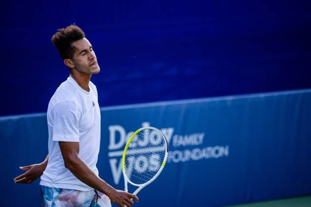 August 23, 2023: Michael Mmoh reacts to the shot during the third round of the 2023 Winston-Salem Open at Wake Forest Tennis Complex in Wnston-Salem, NC. ( ) Wnston-Salem United States - ZUMAc04_ 20230823_zma_c04_075 Copyright: xScottxKinserx