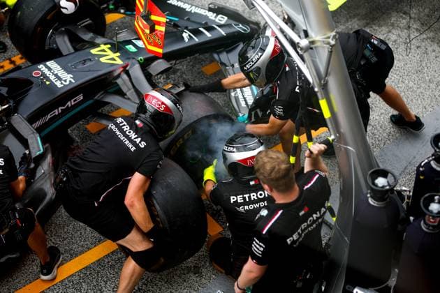 Mercedes-AMG Petronas F1 Team during pit stop practice, F1 Grand Prix of the Netherlands at Circuit Zandvoort on August 24, 2023 in Zandvoort, Netherlands. (Photo by HOCH ZWEI) Zandvoort Netherlands
