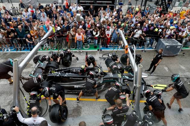 Mercedes-AMG Petronas F1 Team during pit stop practice, F1 Grand Prix of the Netherlands at Circuit Zandvoort on August 24, 2023 in Zandvoort, Netherlands. (Photo by HOCH ZWEI) Zandvoort Netherlands