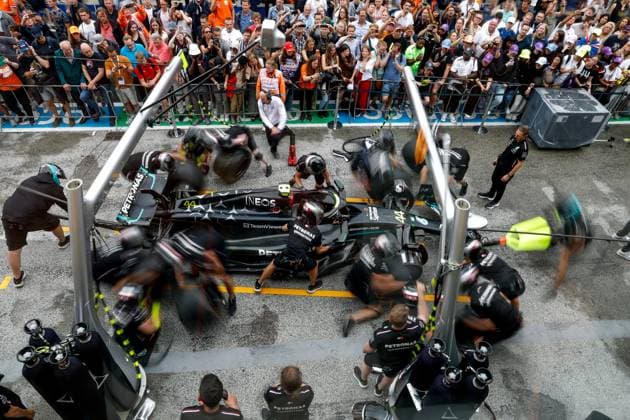 Mercedes-AMG Petronas F1 Team during pit stop practice, F1 Grand Prix of the Netherlands at Circuit Zandvoort on August 24, 2023 in Zandvoort, Netherlands. (Photo by HOCH ZWEI) Zandvoort Netherlands