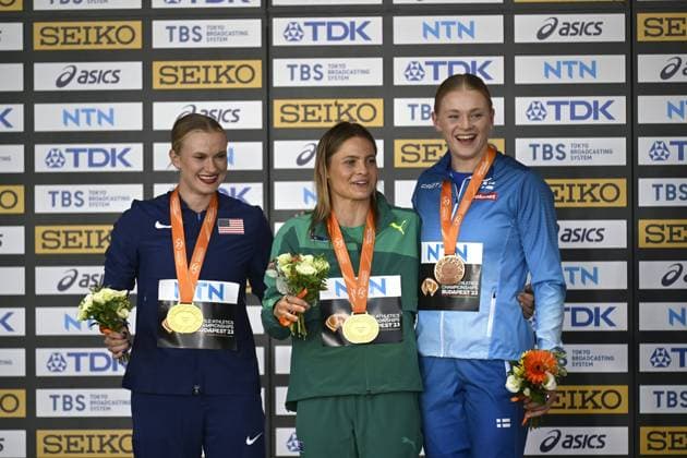 Katie Moon of United States, Nina Kennedy of Australia, and Wilma Murto of Finland on the podium at the medal ceremony for women s pole vault at the IAAF World Athletics Championships in Budapest on August 24, 2023. Moon and Kennedy shared the gold medal, and Murto placed third. Budapest Hungary LKFTJK20230824191756BCBY  Copyright: xAnttixAimo-Koivistox LKFTJK20230824191756BCBY