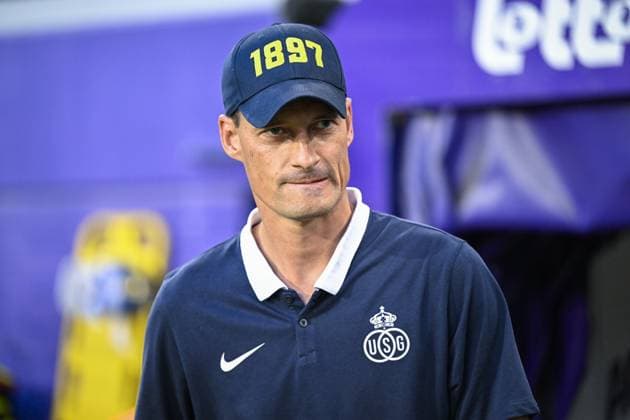 Union s head coach Alexander Blessin pictured at the start of a soccer game between Belgian Royale Union Saint Gilloise and Swiss FC Lugano, Thursday 24 August 2023 in Brussels, the first leg of the play-off for the UEFA Europa League competition. LAURIExDIEFFEMBACQ  x72514455x