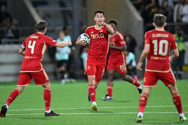 GÖTEBORG 20230824 Aberdeens Bojan Miovski jublar efter sitt 2-1-mal under torsdagens play off till Europa League, första matchen, mellan BK Häcken och Aberdeen FC pa Bravida arena. GÖTEBORG SVERIGE x9200x