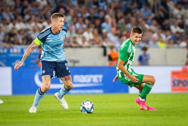 Slovan Bratislava vs. Aris Limassol UEFA Europa league Juraj Kucka (L) of Slovan and Leo Bengtsson (R) of Aris during the play-off round of the UEFA Europa League football match between SK Slovan Bratislava and Aris Limassol. Bratislava, Slovakia, August 24, 2023. Photo by Branislav Racko Copyright: xx _BRR6189