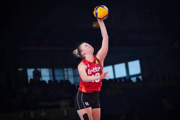 Volleyball, EM, Frauen, Serbien - Belgien Belgium s Pauline Martin pictured in action during a volleyball game between Serbia and Belgian national women volleyball team Yellow Tigers, Thursday 24 August 2023 in Gent, the fifth and last game in the group stage of the 2023 European Women s Championships. The 2023 EuroVolley tournament takes place from August 15 to September 3. VIRGINIExLEFOUR  x72516643x