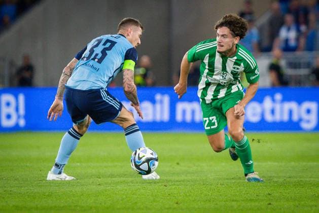 Slovan Bratislava vs. Aris Limassol UEFA Europa league Juraj Kucka (L) of Slovan and Karol Struski (R) of Aris during the play-off round of the UEFA Europa League football match between SK Slovan Bratislava and Aris Limassol. Bratislava, Slovakia, August 24, 2023. Photo by Branislav Racko Copyright: xx _BRR6258