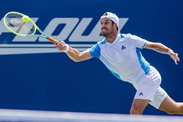 August 24, 2023: Richard Gasquet returns the ball to Sebastian Korda during the quarterfinals of the 2023 Winston-Salem Open at Wake Forest Tennis Complex in Wnston-Salem, NC. ( CSM) Wnston-Salem United States - ZUMAc04_ 20230824_zma_c04_002 Copyright: xScottxKinserx