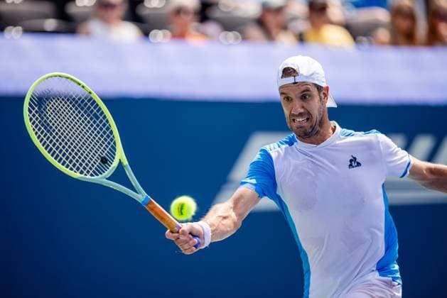 August 24, 2023: Richard Gasquet returns the ball to Sebastian Korda during the quarterfinals of the 2023 Winston-Salem Open at Wake Forest Tennis Complex in Wnston-Salem, NC. ( CSM) Wnston-Salem United States - ZUMAc04_ 20230824_zma_c04_010 Copyright: xScottxKinserx