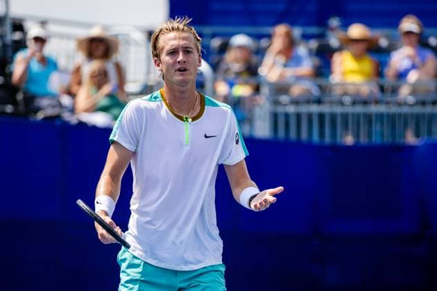 August 24, 2023: Sebastian Korda reacts after dropping a point to Richard Gasquet during the quarterfinals of the 2023 Winston-Salem Open at Wake Forest Tennis Complex in Wnston-Salem, NC. ( CSM) Wnston-Salem United States - ZUMAc04_ 20230824_zma_c04_014 Copyright: xScottxKinserx