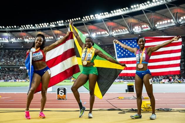 Bilder des Jahres 2023, Sport 08 August Sport Themen der Woche KW34 Sport Bilder des Tages 230824 Jasmine Camacho-Quinn of Cuba, Danielle Williams of Jamaica and Kendra HArrison of USA celebrate after women?s 100 meter hurdles during day 6 of the 2023 World Athletics Championships on August 24, 2023 in Budapest. Photo: Joel Marklund BILDBYRAN kod JM JM0522 bbeng friidrott athletics friidrett 2023 world athletics championships world athletics championships budapest23 friidrotts-vm friidretts-vm vm jubel *** 230824 Jasmine Camacho Quinn of Cuba, Danielle Williams of Jamaica and Kendra HArrison of USA celebrate after women?s 100 meter hurdles during day 6 of the 2023 World Athletics Championships on August 24, 2023 in Budapest Photo Joel Marklund BILDBYRAN kod JM JM0522 bbeng friidrott athletics friidrett 2023 world athletics championships world athletics championships budapest23 friidrotts vm friidretts vm vm jubel  Copyright: JOELxMARKLUND BB230824JM187