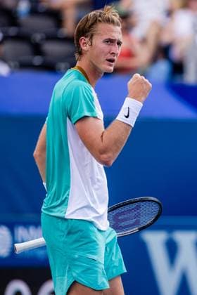 August 24, 2023: Sebastian Korda celebrates a point against Richard Gasquet during the quarterfinals of the 2023 Winston-Salem Open at Wake Forest Tennis Complex in Wnston-Salem, NC. ( CSM) Wnston-Salem United States - ZUMAc04_ 20230824_zma_c04_018 Copyright: xScottxKinserx