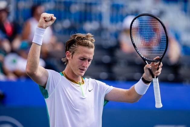 August 24, 2023: Sebastian Korda celebrates after defeating Richard Gasquet during the quarterfinals of the 2023 Winston-Salem Open at Wake Forest Tennis Complex in Wnston-Salem, NC. ( CSM) Wnston-Salem United States - ZUMAc04_ 20230824_zma_c04_016 Copyright: xScottxKinserx