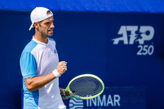 August 24, 2023: Richard Gasquet celebrates after scoring a point on Sebastian Korda during the quarterfinals of the 2023 Winston-Salem Open at Wake Forest Tennis Complex in Wnston-Salem, NC. ( CSM) Wnston-Salem United States - ZUMAc04_ 20230824_zma_c04_021 Copyright: xScottxKinserx