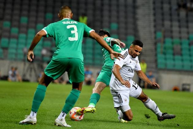 Agustin Doffo of Olimpija Ljubljana in action against Leandro Andrade of Qarabag during the UEFA Europa League, Play Off round, 1st leg match between Olimpija Ljubljana (Slovenia) and Qarabag (Azerbaijan) FOOTBALL : Olimpija Ljubljana v Qarabag - Europa league - 24 08 2023 IgorKupljenik Panoramic 