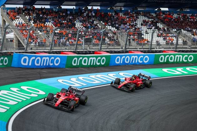 16 LECLERC Charles (mco), Scuderia Ferrari SF-23, 39 SHWARTZMAN Robert (isr), Scuderia Ferrari SF-23, action during the 2023 Formula 1 Heineken Dutch Grand Prix, 13th round of the 2023 Formula One World Championship, WM, Weltmeisterschaft from August 25 to 28, 2023 on the Zandvoort Circuit, in Zandvoort, Netherlands - F1 - DUTCH GRAND PRIX 2023 DPPI Panoramic  00123030_G0OD9650