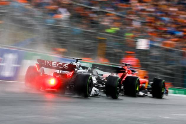 63 George Russell (GBR, Mercedes-AMG Petronas F1 Team), 16 Charles Leclerc (MCO, Scuderia Ferrari), F1 Grand Prix of the Netherlands at Circuit Zandvoort on August 26, 2023 in Zandvoort, Netherlands. (Photo by HOCH ZWEI) Zandvoort Netherlands