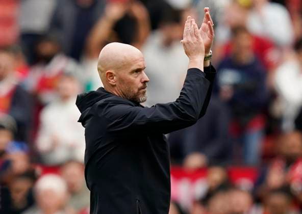 MANCHESTER, ENGLAND, 26th August 2023. Erik ten Hag manager of Manchester United, ManU applauds the fans during the Premier League match at OLD TRAFFORD, MANCHESTER. Picture credit should read: Andrew Yates Sportimage EDITORIAL USE ONLY. No use with unauthorised audio, video, data, fixture lists, club league logos or live services. Online in-match use limited to 120 images, no video emulation. No use in betting, games or single club league player publications. SPI-2540-0067