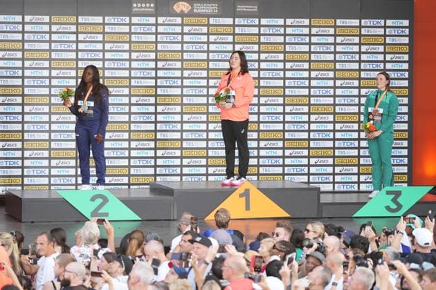 (L to R) Flor Denis Ruiz Hurtado (COL), Haruka Kitaguchi (JPN), Mackenzie Little (AUS), AUGUST 26, 2023 - Athletics : World Athletics Championships Budapest 2023 Women s Javelin Throw Medal Ceremony at National Athletics Centre, Budapest, Hungary. Noxthirdxpartyxsales  (227282521)