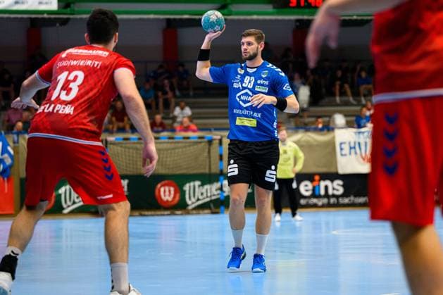 Aue, 26. August 2023: DHB Pokal - 23 24 - EHV Aue - SG BBM Bietigheim Jan Blecha (EHV Aue) Lössnitz Erzgebirgshalle Deutschland