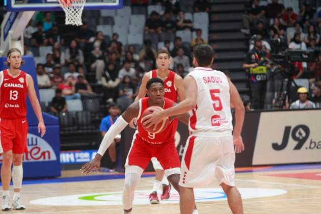 August 27, 2023: JAKARTA, INDONESIA Ã¢â‚¬ AUGUST 27: Amir Saoud (R) of Lebanon challenge by Canada players on Canada vs Lebanon game during 2023 FIBA Basketball World Cup in Jakarta, Indonesia on August 27, 2023. The 2023 FIBA Basketball World Cup will held on August 25 until September 10, 2023 in Jakarta - Indonesia, Manila - Philipines dan Okinawa Ã¢â‚¬ Japan.. Copyright: xYulixSeperi SijorixImagesx