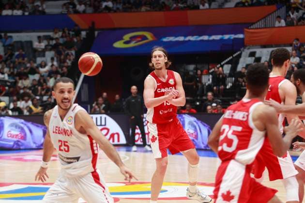 August 27, 2023: JAKARTA, INDONESIA Ã¢â‚¬ AUGUST 27: Kelly Olynk (C) of Canada throw a ball to his firendof on Canada vs Lebanon game during 2023 FIBA Basketball World Cup in Jakarta, Indonesia on August 27, 2023. The 2023 FIBA Basketball World Cup will held on August 25 until September 10, 2023 in Jakarta - Indonesia, Manila - Philipines dan Okinawa Ã¢â‚¬ Japan.. Copyright: xYulixSeperi SijorixImagesx