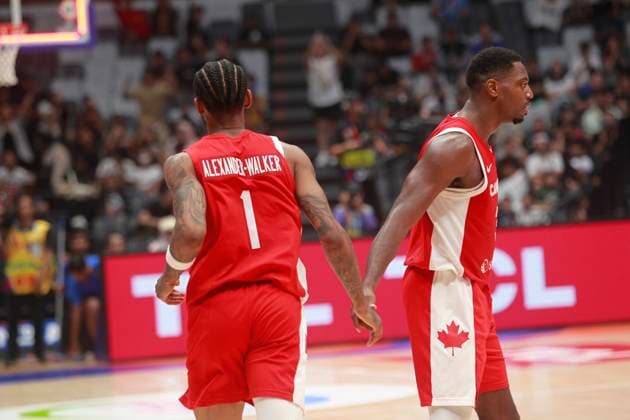 August 27, 2023: JAKARTA, INDONESIA Ã¢â‚¬ AUGUST 27: Nickeil Alexander-Walker (L) and RJ Barret (R) of Canada on Canada vs Lebanon game during 2023 FIBA Basketball World Cup in Jakarta, Indonesia on August 27, 2023. The 2023 FIBA Basketball World Cup will held on August 25 until September 10, 2023 in Jakarta - Indonesia, Manila - Philipines dan Okinawa Ã¢â‚¬ Japan.. Copyright: xYulixSeperi SijorixImagesx