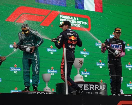 FORMULA 1 HEINEKEN DUTCH GRAND PRIX 2023 27.08.2023, Circuit Park Zandvoort, Zandvoort, FORMULA 1 HEINEKEN DUTCH GRAND PRIX 2023 , im Bild Sieger Max Verstappen (NLD), Oracle Red Bull Racing, 2.Platz für Fernando Alonso (ESP), Aston Martin Aramco Cognizant Formula One Team, 3.Platz für Pierre Gasly (FRA), BWT Alpine F1 Team.