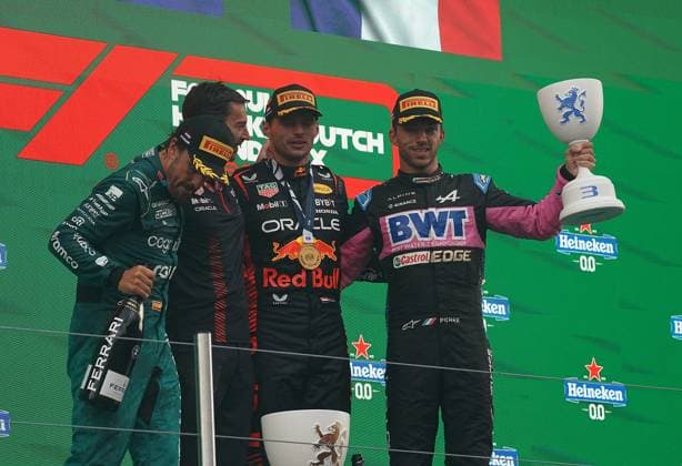 FORMULA 1 HEINEKEN DUTCH GRAND PRIX 2023 27.08.2023, Circuit Park Zandvoort, Zandvoort, FORMULA 1 HEINEKEN DUTCH GRAND PRIX 2023 , im Bild Sieger Max Verstappen (NLD), Oracle Red Bull Racing, 2.Platz für Fernando Alonso (ESP), Aston Martin Aramco Cognizant Formula One Team, 3.Platz für Pierre Gasly (FRA), BWT Alpine F1 Team.