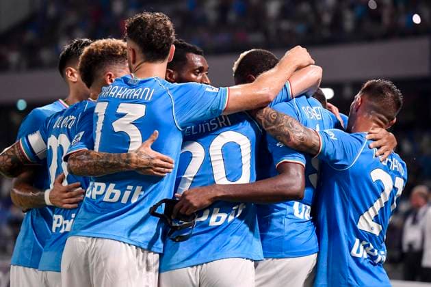 Victor Osimhen of SSC Napoli celebrates with teammates after scoring on penalty the goal of 1-0 during the Serie A football match between SSC Napoli and Sassuolo Calcio at Diego Armando Maradona stadium in Naples (Italy), August 27th, 2023. andreaxstaccioli