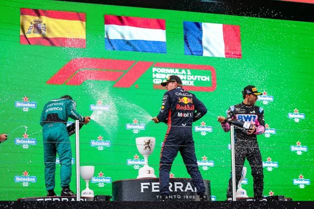 14 Fernando Alonso (ESP, Aston Martin Aramco Cognizant F1 Team), 10 Pierre Gasly (FRA, BWT Alpine F1 Team), 1 Max Verstappen (NLD, Oracle Red Bull Racing), F1 Grand Prix of the Netherlands at Circuit Zandvoort on August 27, 2023 in Zandvoort, Netherlands. (Photo by HOCH ZWEI) Zandvoort Netherlands