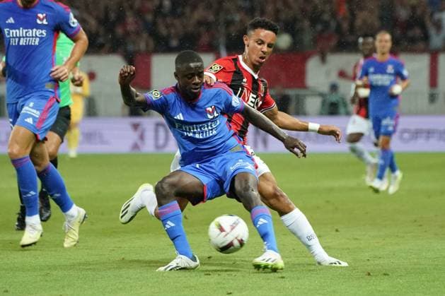 SaÃ«l Kumbedi (Lyon) - Youcef Atal (OGC Nice) FOOTBALL : OGC Nice vs Lyon - Ligue 1 Uber Eats - Nice - 027 08 2023 NorbertScanella Panoramic 