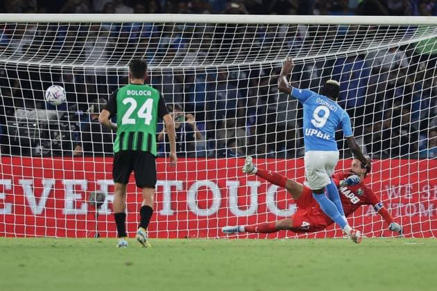 Victor Osimhen of SSC Napoli scores the goal of 1-0 during the Serie A football match between SSC Napoli and Sassuolo Calcio at Diego Armando Maradona stadium in Naples (Italy), August 27th, 2023. cesarexpurini