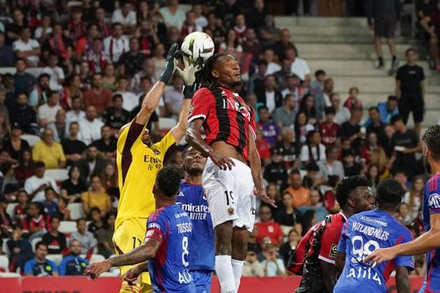 Remy Riou (Lyon) - Khephren Thuram (OGC Nice) FOOTBALL : OGC Nice vs Lyon - Ligue 1 Uber Eats - Nice - 027 08 2023 NorbertScanella Panoramic 