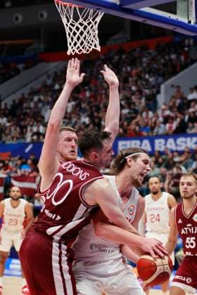 August 29, 2023, Jakarta, Jakarta, Indonesia: JAKARTA, INDONESIA Ã¢â‚¬ AUGUST 29: CanadaÃ¢â‚¬â ¢s Kelly Olynyk (R) is challenged by LatviaÃ¢â‚¬â ¢s Rodions Kurcus (L) on Canada vs Latvia game during 2023 FIBA Basketball World Cup in Jakarta, Indonesia on August 29 2023. The 2023 FIBA Basketball World Cup will held on August 25 until September 10, 2023 in Jakarta - Indonesia, Manila - Philipines dan Okinawa Ã¢â‚¬ Japan Jakarta Indonesia - ZUMAys1_ 0302388153st Copyright: xSijorixImagesx