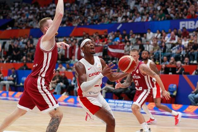 August 29, 2023, Jakarta, Jakarta, Indonesia: JAKARTA, INDONESIA Ã¢â‚¬ AUGUST 29: CanadaÃ¢â‚¬â ¢s Shai Gilgeous-Alexander (C) jump shoot on Canada vs Latvia game during 2023 FIBA Basketball World Cup in Jakarta, Indonesia on August 29 2023. The 2023 FIBA Basketball World Cup will held on August 25 until September 10, 2023 in Jakarta - Indonesia, Manila - Philipines dan Okinawa Ã¢â‚¬ Japan Jakarta Indonesia - ZUMAys1_ 0302388169st Copyright: xSijorixImagesx