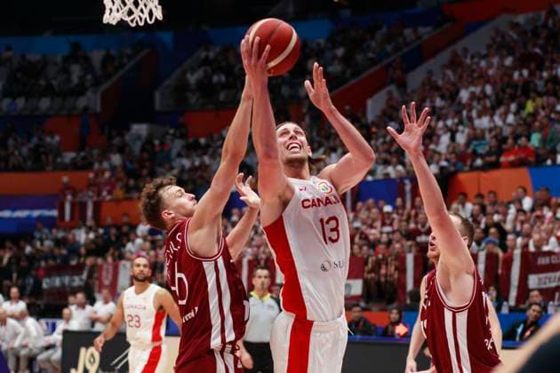 August 29, 2023, Jakarta, Jakarta, Indonesia: JAKARTA, INDONESIA Ã¢â‚¬ AUGUST 29: CanadaÃ¢â‚¬â ¢s Kelly Olynyk (L) is challenged by LatviaÃ¢â‚¬â ¢s players on Canada vs Latvia game during 2023 FIBA Basketball World Cup in Jakarta, Indonesia on August 29 2023. The 2023 FIBA Basketball World Cup will held on August 25 until September 10, 2023 in Jakarta - Indonesia, Manila - Philipines dan Okinawa Ã¢â‚¬ Japan Jakarta Indonesia - ZUMAys1_ 20230829_zaf_ys1_050 Copyright: xSijorixImagesx