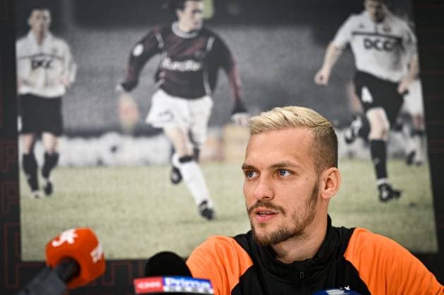 Soccer player of Sparta Praha Lukas Haraslin speaks during the press conference, PK, Pressekonferenz prior to European League of Football 4th qualifying round return match: Sparta Praha vs Dinamo Zagreb in Prague, Czech Republic, August 30, 2023. (CTKxPhoto VitxSimanek) CTKPhotoP2023083003219  CTKPhotoP2023083003219