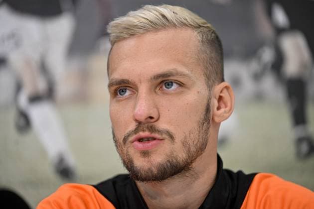 Soccer player of Sparta Praha Lukas Haraslin speaks during the press conference, PK, Pressekonferenz prior to European League of Football 4th qualifying round return match: Sparta Praha vs Dinamo Zagreb in Prague, Czech Republic, August 30, 2023. (CTKxPhoto VitxSimanek) CTKPhotoP2023083003286  CTKPhotoP2023083003286