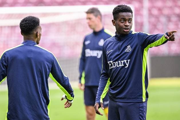 Union s Noah Sadiki pictured in action during a training session of Belgian soccer team Royale Union Saint Gilloise, Wednesday 30 August 2023 in Geneva, Switzerland. The team is preparing for tomorrow s game against Swiss FC Lugano, the return leg of the play-off for the UEFA Europa League competition. LAURIExDIEFFEMBACQ  x72984822x
