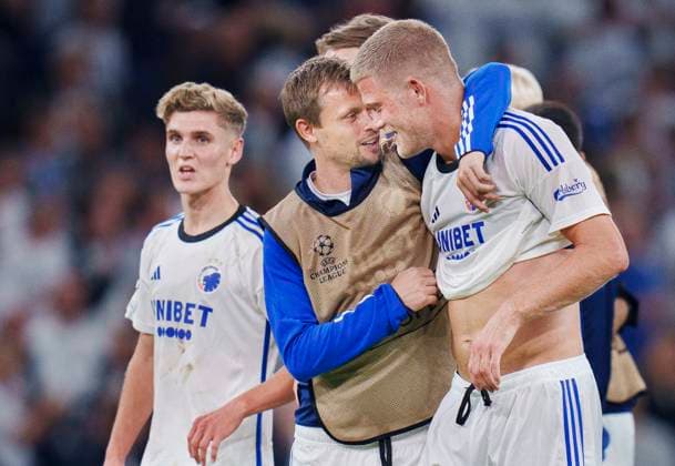 FCK s Andreas Cornelius and Peter Ankersen after the Champions League match between FC Copenhagen and Rakow Czestochowa at Parken in Copenhagen on Wednesday, August 30, 2023.. (Photo: Liselotte Sabroe Ritzau Scanpix) , Copenhagen Denmark
