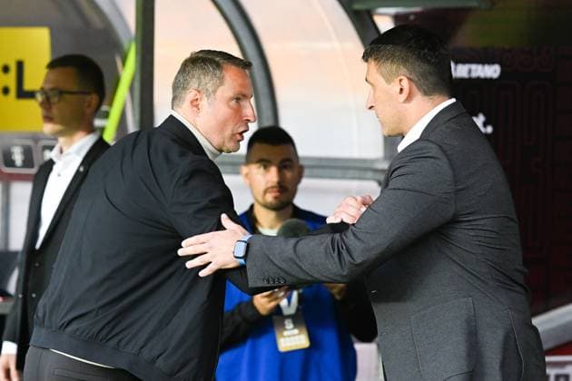 Sparta Praha v Dinamo Zagreb - UEFA Europa League Play Off Round: Second Leg Head Coach of Sparta Praha Brian Priske greets Head Coach of Dinamo Zagreb Sergej Jakirovic before the UEFA Europa League Play Off Round Second Leg match between Sparta Praha and Dinamo Zagreb at Letna Stadium on August 31, 2023 in Prague, Czech Republic. MarkoxLukunic PIXSELL