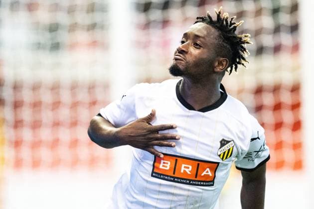 Fußball, EL Quali, FC Aberdeen - BK Häcken 230831 Häckens Ibrahim Sadiq celebrates after 0-2 during the UEFA Europa League play-off between Aberdeen and Häcken on August 31, 2023 in Aberdeen. Photo: Daniel Stiller BILDBYRAN kod DS DS0328 fotboll football soccer fotball uefa europa league aberdeen häcken bbeng bbauto jubel Copyright: DANIELxSTILLER BB230831DS024